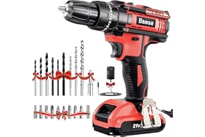 Cordless Drill Driver Set 21V, Bamse Power Drill Kit with 2.0AH Battery, Hammer Drill with 372 In-lbs Max, 25+3 Position, 2 Variable Speed, 3/8'' Keyless Chuck, Fast Charger and 23PCS Accessories