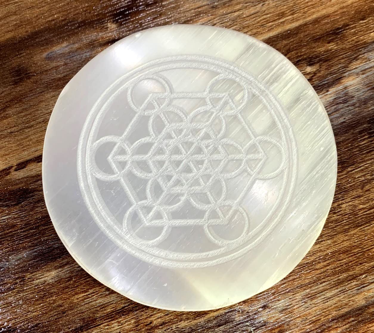 crystalmiracle Selenite Round Etched 3" Charging Reiki Plate Crystal Healing Wellness Gift Handcrafted Positive Energy