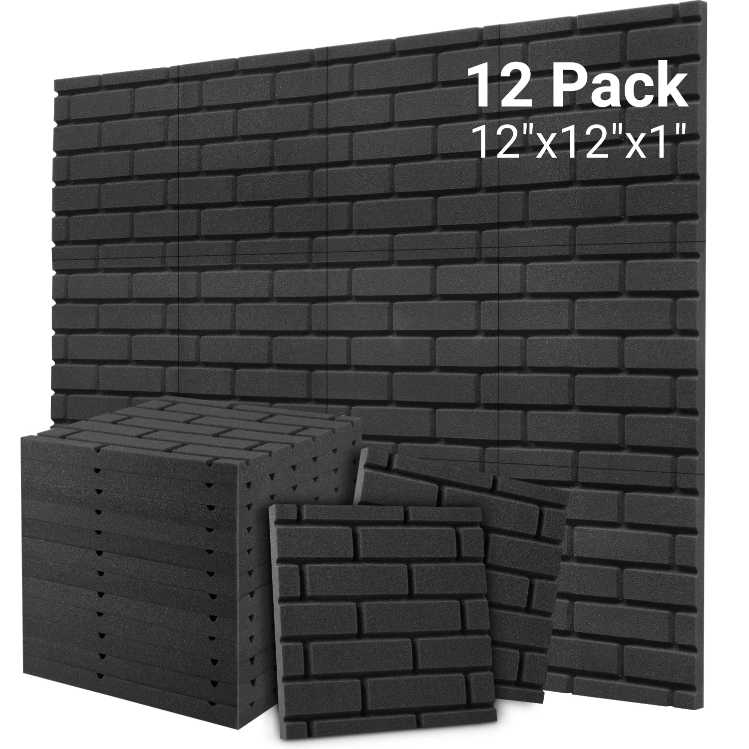 Topnaca Sound Proofing Panels, Brick Shaped Soundproofing Foam Panels, 12 Pack Acoustic Wall Panels for Room, Podcast, Recording, Studio Treatment 12” X 12” X 1”
