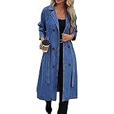 Foresi Womens Long Denim Jacket Plus Size Lapel Collar Long Sleeve Trench Coat Button Down Over Knee Tunic Outerwear
