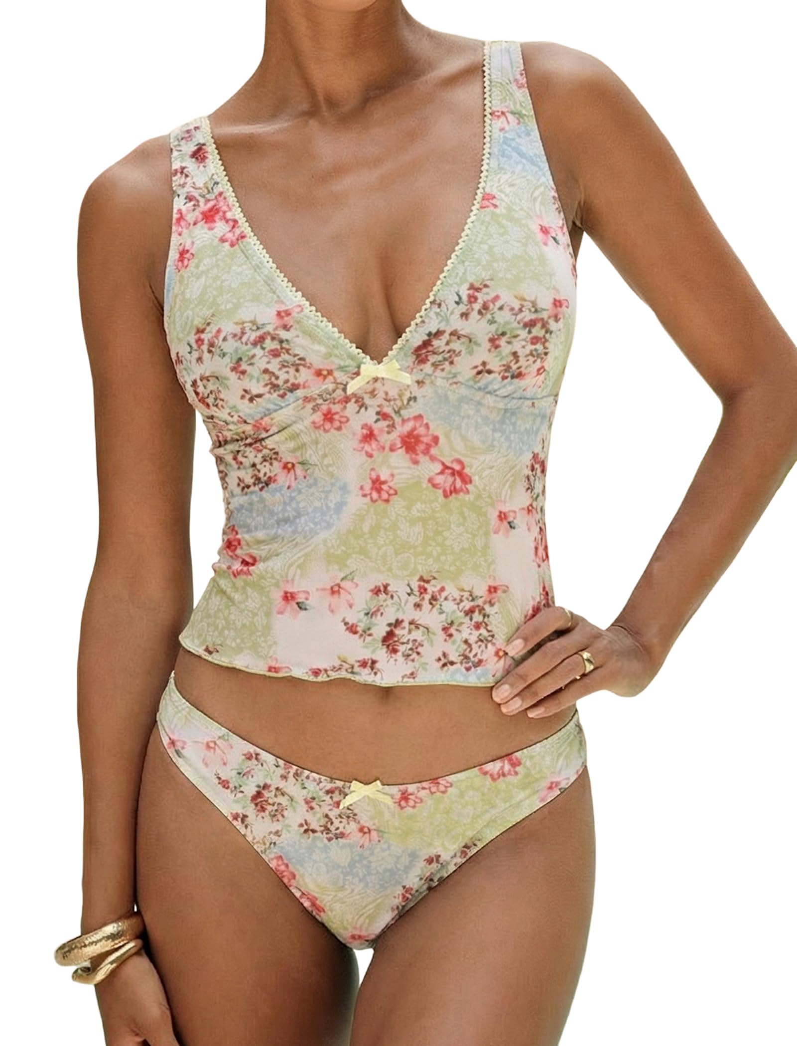 Photo 1 of ZAFUL Women's Tankini Swimsuits V Neck Tummy Control Bow Color Block Two Piece Swimsuits Bathing Suit (4-Green Flowers, XXL)