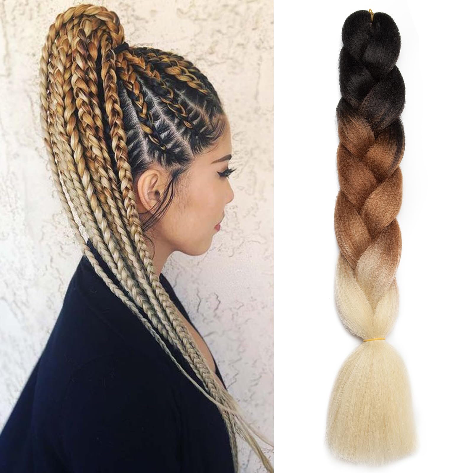 Silk-co Braids Extension Hair Ombre Jumbo Braiding Hair Extensions 24 inch [100g] Crochet Twist Synthetic [Black-Brown-Beige] — image 1