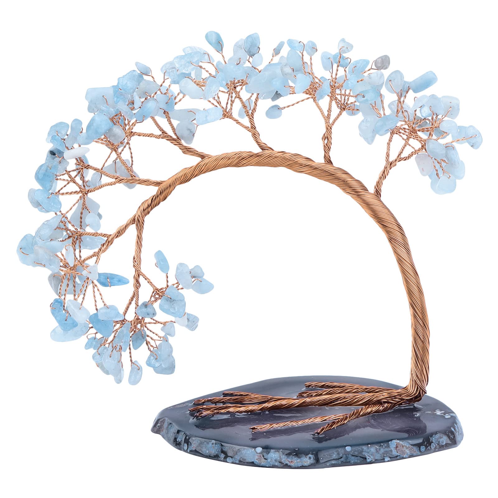 mookaitedecor Natural Aquamarine Crystal Stone Money Tree with Agate Slice Base for Office Home Decor Wealth Luck, Semi Precious Healing Crystal Stone Feng Shui Tree Ornaments, Height 4.5-5.2"