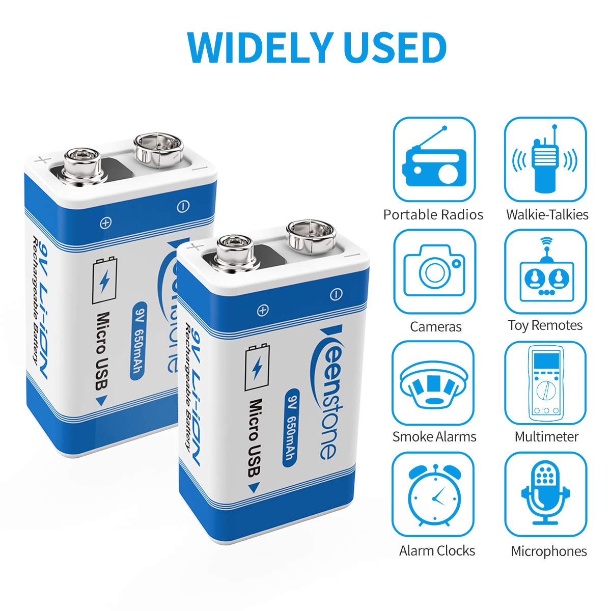 9V Rechargeable 650mAh Li-ion Battery with Micro USB Charging Port - 4 Pack