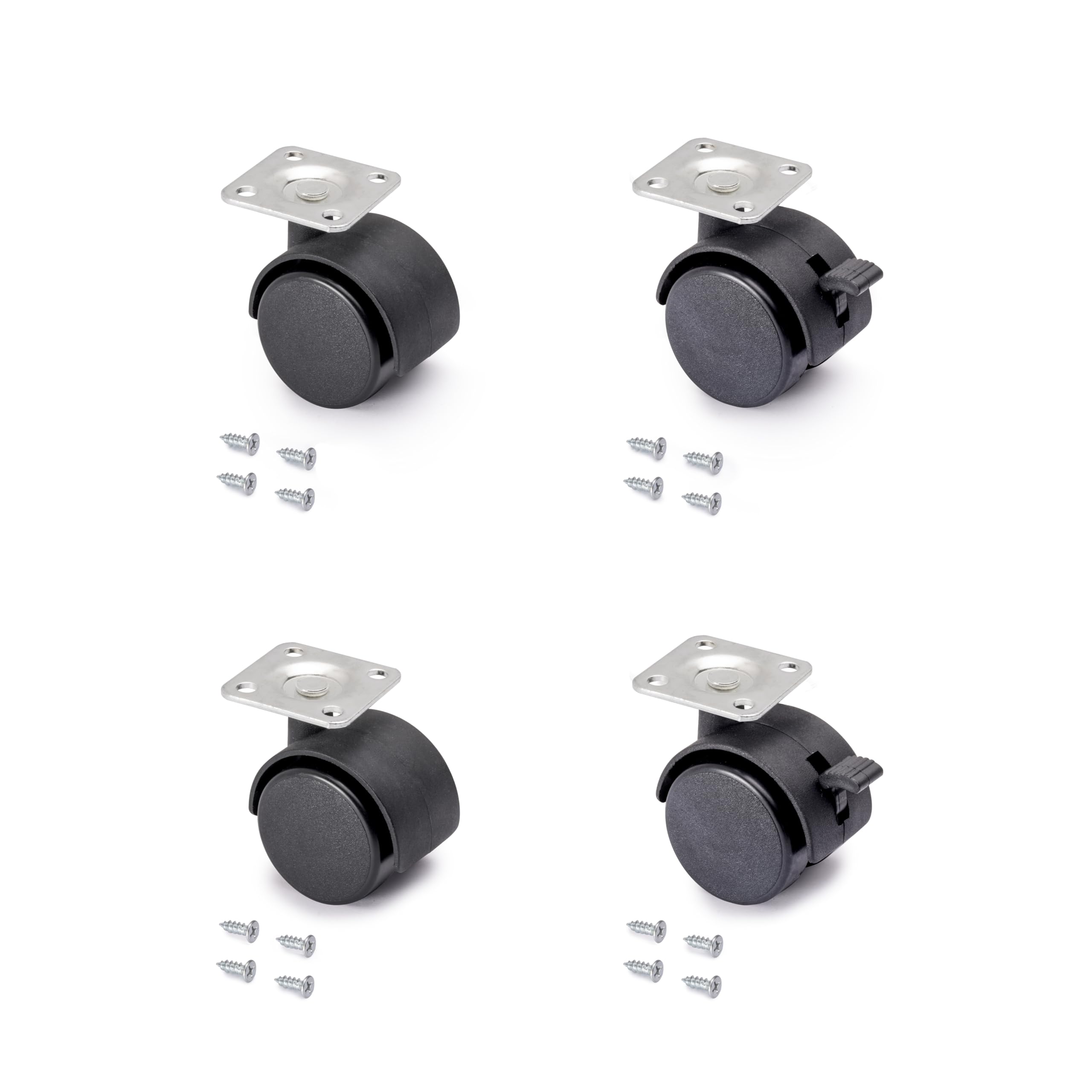 Emuca - Pack of 4 black swivel castors for furniture (2 with brake and 2 without brake) 40mm diameter with fixing plate and ball bearings