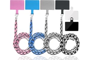 IOUALEY 4 Pack Universal Nylon Neck Crossbody Cell Phone Lanyards + 6 Pieces Replacement Sticker Patches Tab, Adjustable Detachable Strap Safety Tether and Pads for Most Smartphone, Pink/Black/Grey/Blue
