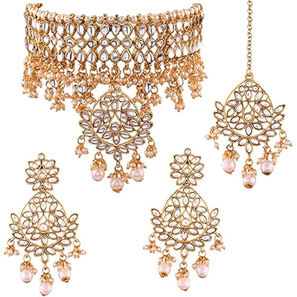 Aheli Kundan Jewelry Set - Gold Plated Choker Necklace & Earrings