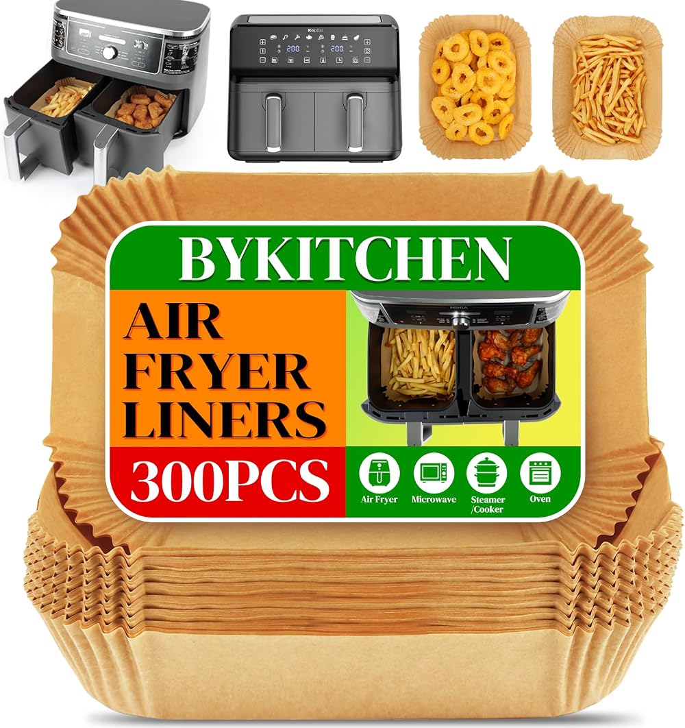 BYKITCHEN 300pcs Air Fryer Liners for Dual Basket 21-27cm 450F