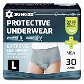 SUNKISS Super Soft Incontinence Underwear for Men, Large, Grey, 30 Count | Disposable Daytime Adult Pull Ups Briefs with Maximum Absorbency, Leak Protection, Odor Control, Soft &amp; Breathable Comfort