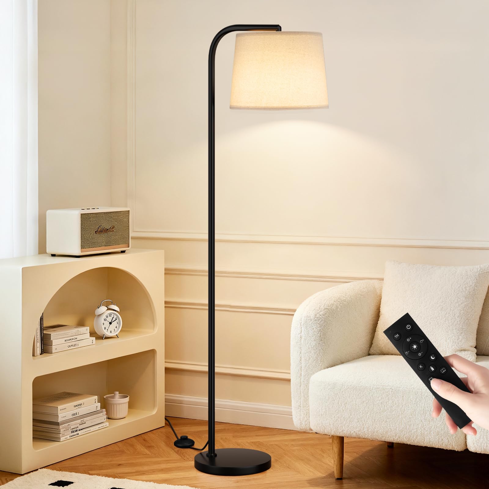 Ambimall Remote-Controlled Floor Lamp - Color Temperature Adjustable and Fully Dimmable, Standing Lamp for Living Room with Rotating Head, Tall Lamp for Bedroom, 9W Bulb Included (Black and Beige) Image