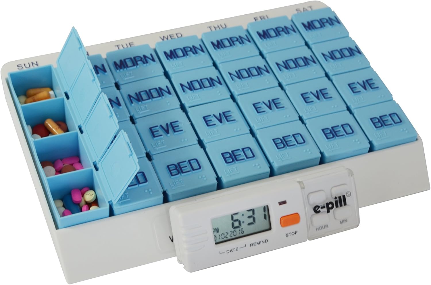 e-Pill Large Weekly Pill Organizer for The Home - with Reminder - 7 Day x 4 Compartments per Day: Health & Personal Care