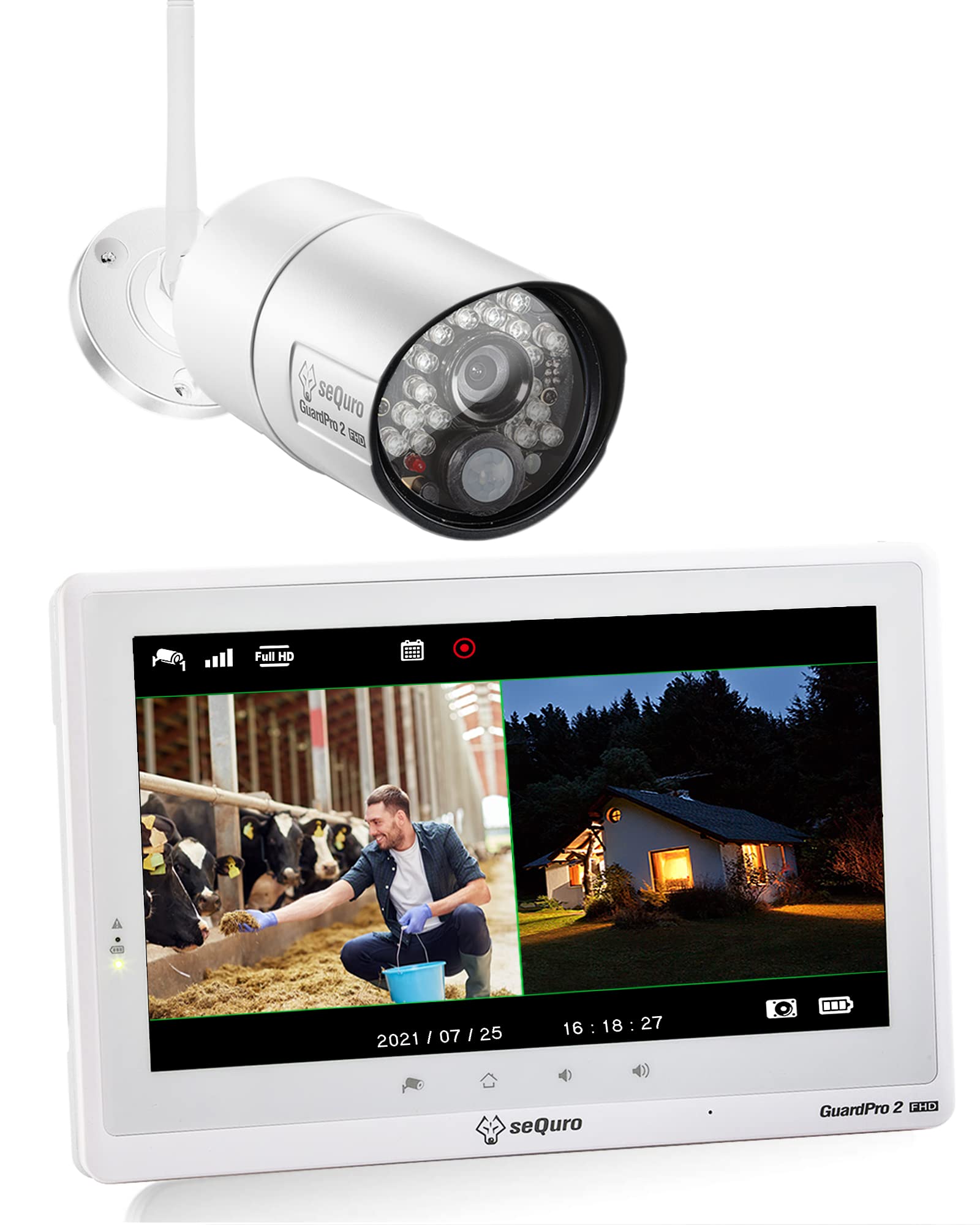 SEQURO GuardPro2 Home Surveillance DVR Kit, CCTV Camera System 4CH 1080P CCTV DVR with 10.1" FHD Monitor and 1080P Day Night IP66 Weatherproof Security Camera, Motion Alert, Metal, UK Plug