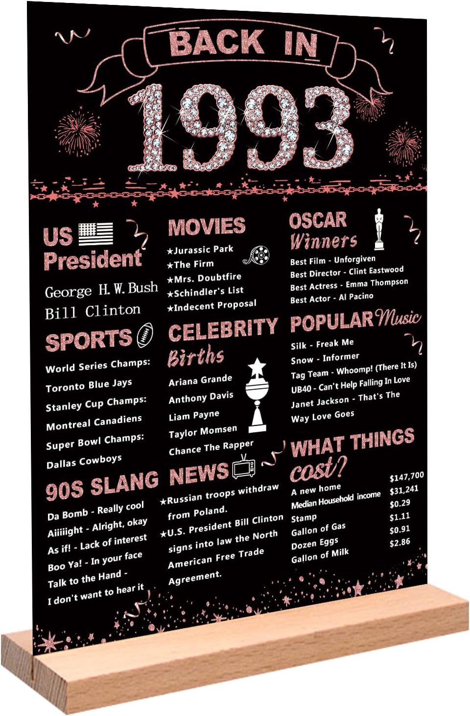 Wall Décor - DARUNAXY Rose Gold 30th Birthday Gift for Women, One-sided Back in 1993 Poster Acrylic Sign with Stand for Girl 30 Year Old Birthday Party Decoration Vintage 1993 Party Supply 30th Class Reunion Decor