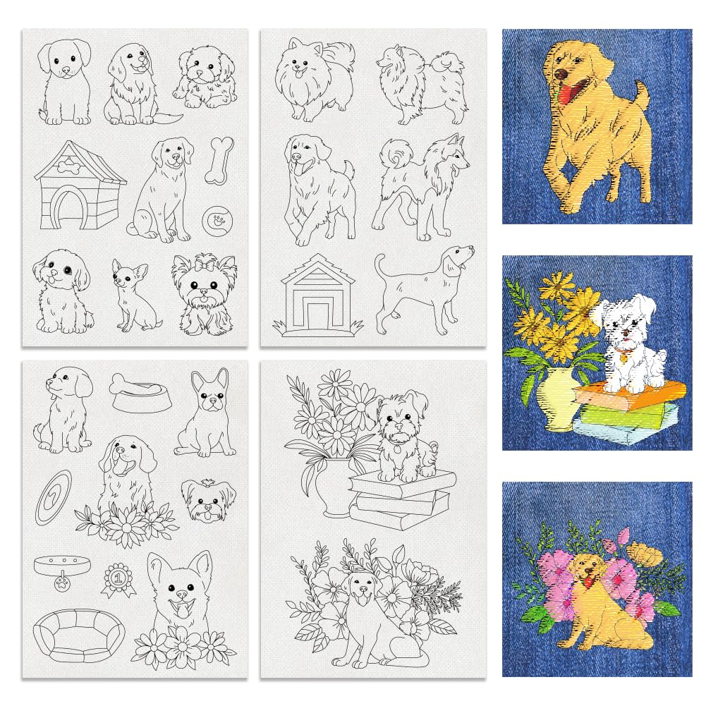 BENECREAT 4Sheets 28Pcs Dog Water Soluble Embroidery, 29.7x21cm Dog with Plant Kennel Stick and Stitch Embroidery Paper Stabilizer for Shirts, Coats, Bags