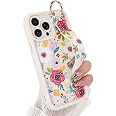 Jefonha Compatible with iPhone 15 Pro Max Case with Finger Hand Strap for Girls Women, Cute Flowers Floral Phone Case with Wristband Kickstand, Durable Silicone Protective Cover, Blossom