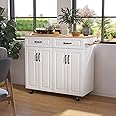 4 EVER WINNER Coffee Bar Cabinet, Framhouse Bar Cabinet Modern Storage Cabinet Rolling Sideboard Buffet Storage Cabinet Accent Cabinet Kitchen Island Cart for Living Room, Kitchen, Hallway(White)