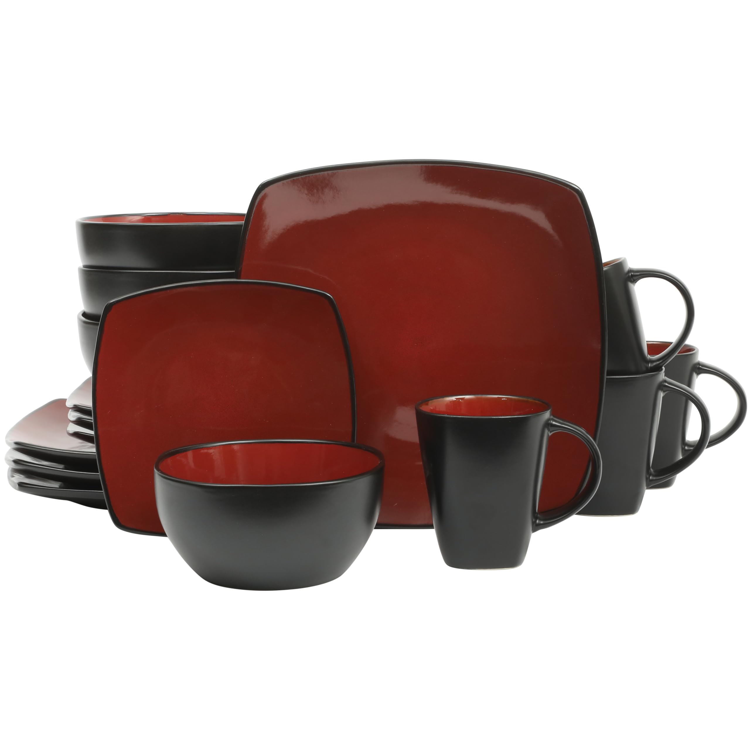 Photo 1 of Gibson Elite Soho Lounge Square 16-Piece Dinnerware Set, Service for 4, Reactive Glaze Stoneware Plates and Bowls, Modern Dishes, Microwave & Dishwasher Safe – Red and Black