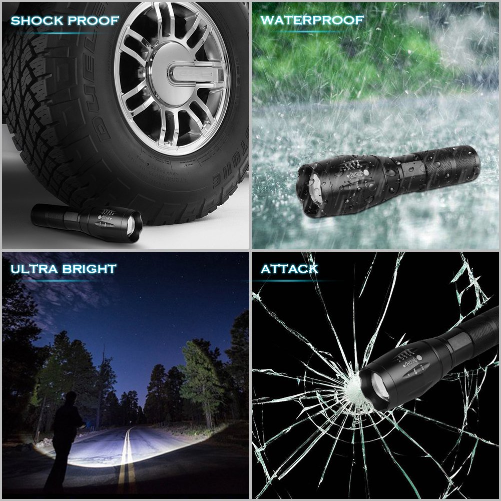 Power King Zoomable Adjustable Focus 5 Modes Flashlight LED Tactical Flashlight Rechargeable Waterproof Adjustable Military Tac Light