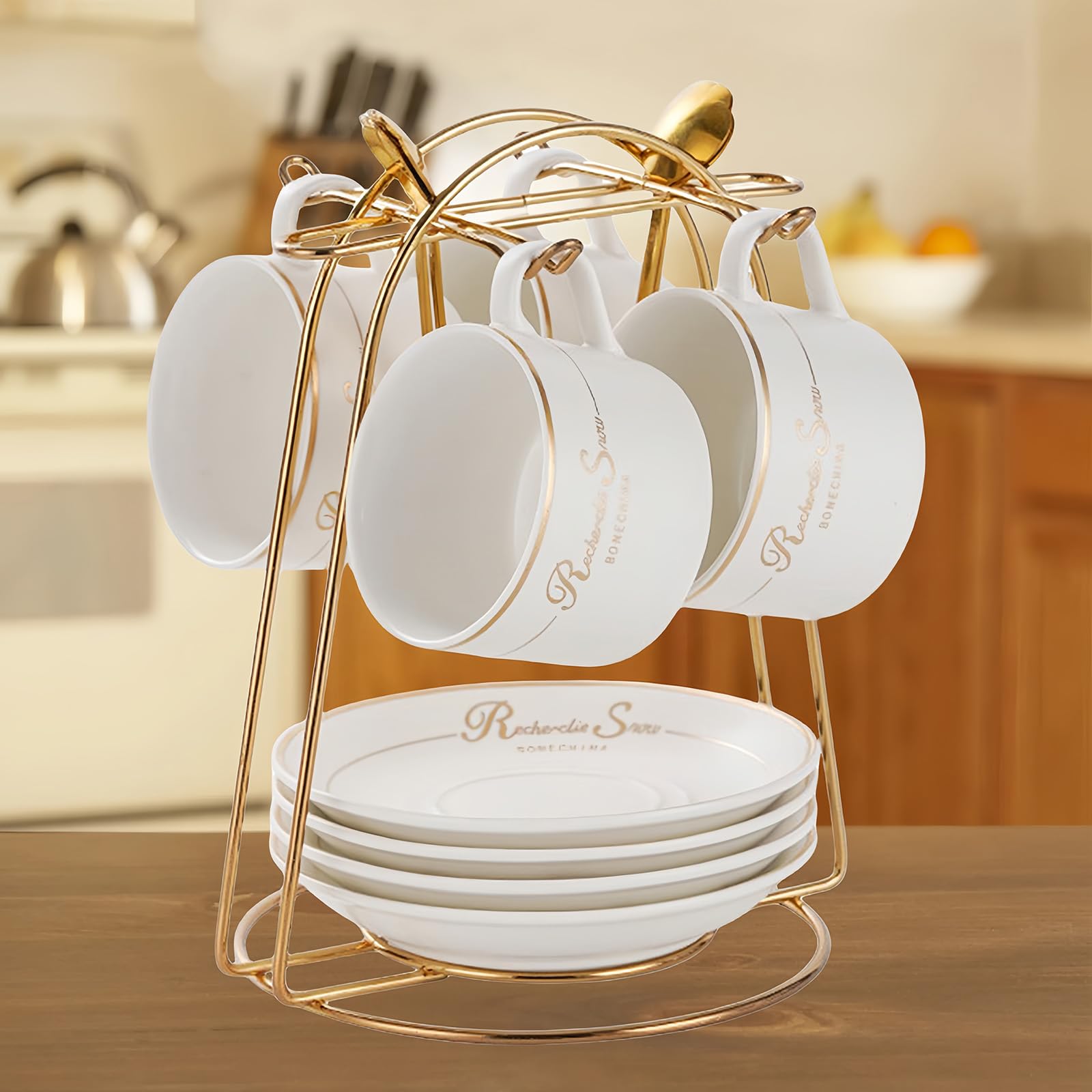 HSTWODE - Cups & Saucers of 4 (150ml) Luxury Tea Cup Set with Gold Trim, Coffee Cup with Handle, British Royal Porcelain Mugs - White, Blue, Black (White)