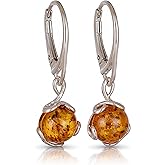 Sterling Silver Amber Jewelry for Women - GIA Certified 925 Sterling Silver and Baltic Honey Amber Earrings, French Leverback Round Dangling