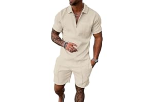 UOUA Mens Track Suits 2 Piece Sets Short Sleeve Sweatsuit Outfits 1/4 Zip Golf Polo Shirts Summer Shorts Loungewear