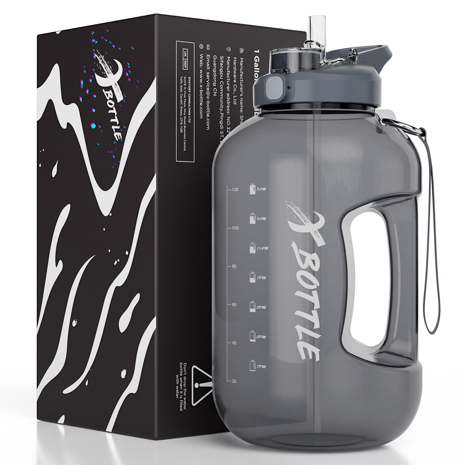 3.78L Large Water Bottle - Motivational 1 Gallon Jug with Time Markings, Straw+Flap Double Drinking Port, Reusable BPA Free,Dishwasher Safe, Sturdy Handle Easy to Carry for Gym,Sports,Office,Home