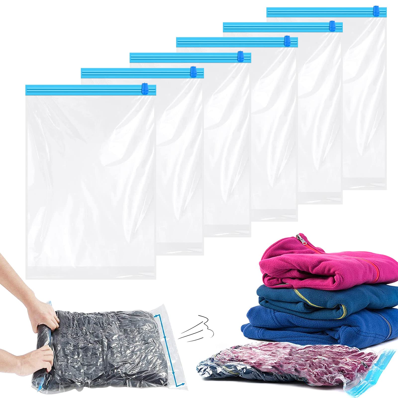 KEYRI 6 PCS Travel Roll Up Storage Bags - Vacuum Compression Bags for Suitcases, Bedding - No Pump Needed - 60 x 40 cm (6 Pieces)