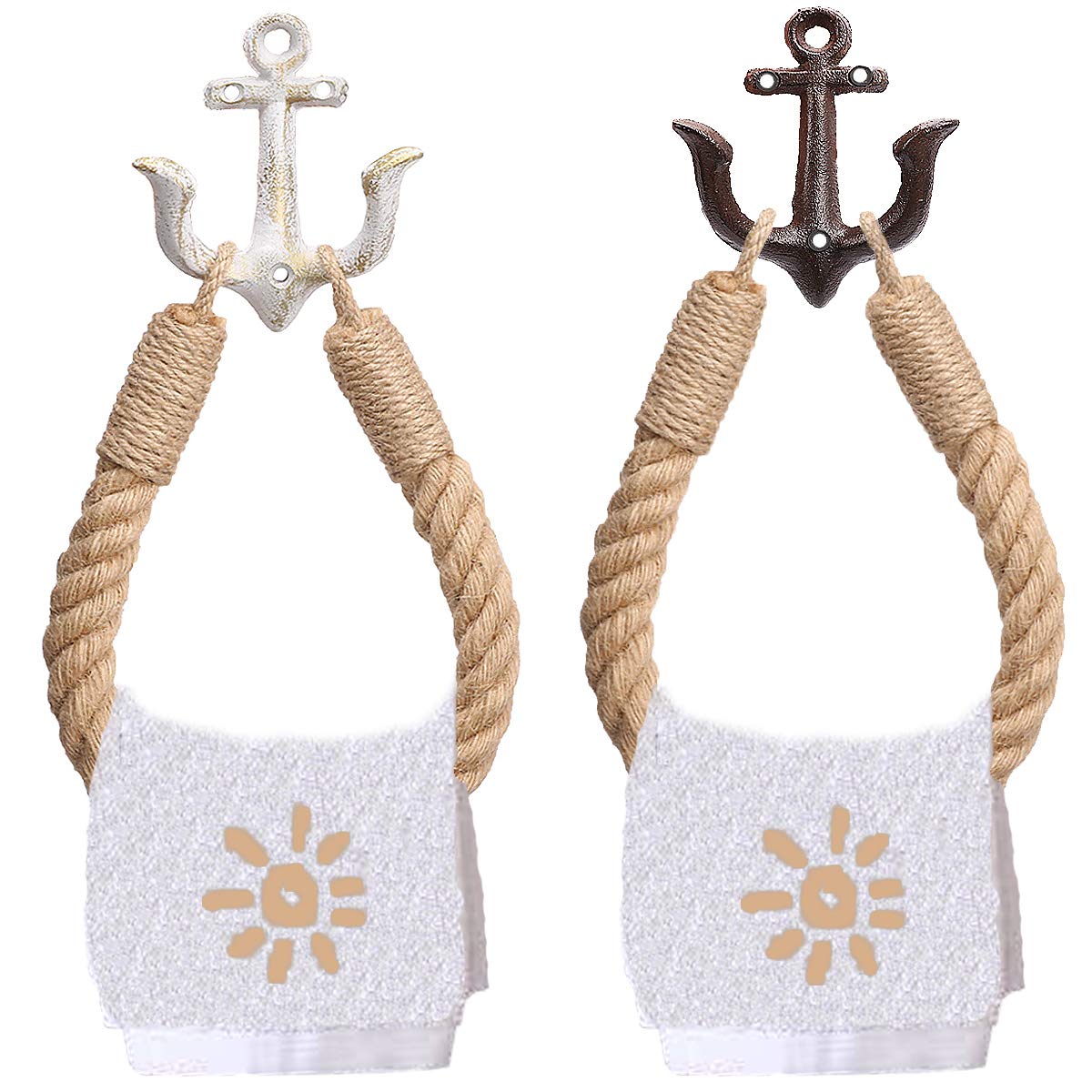 2 Piece Nautical Rope Towel Ring, Toilet Paper Holder Beach Themed Bathroom Decord with Metal Hook for Beach Themed Bathroom Decor(White+Black)