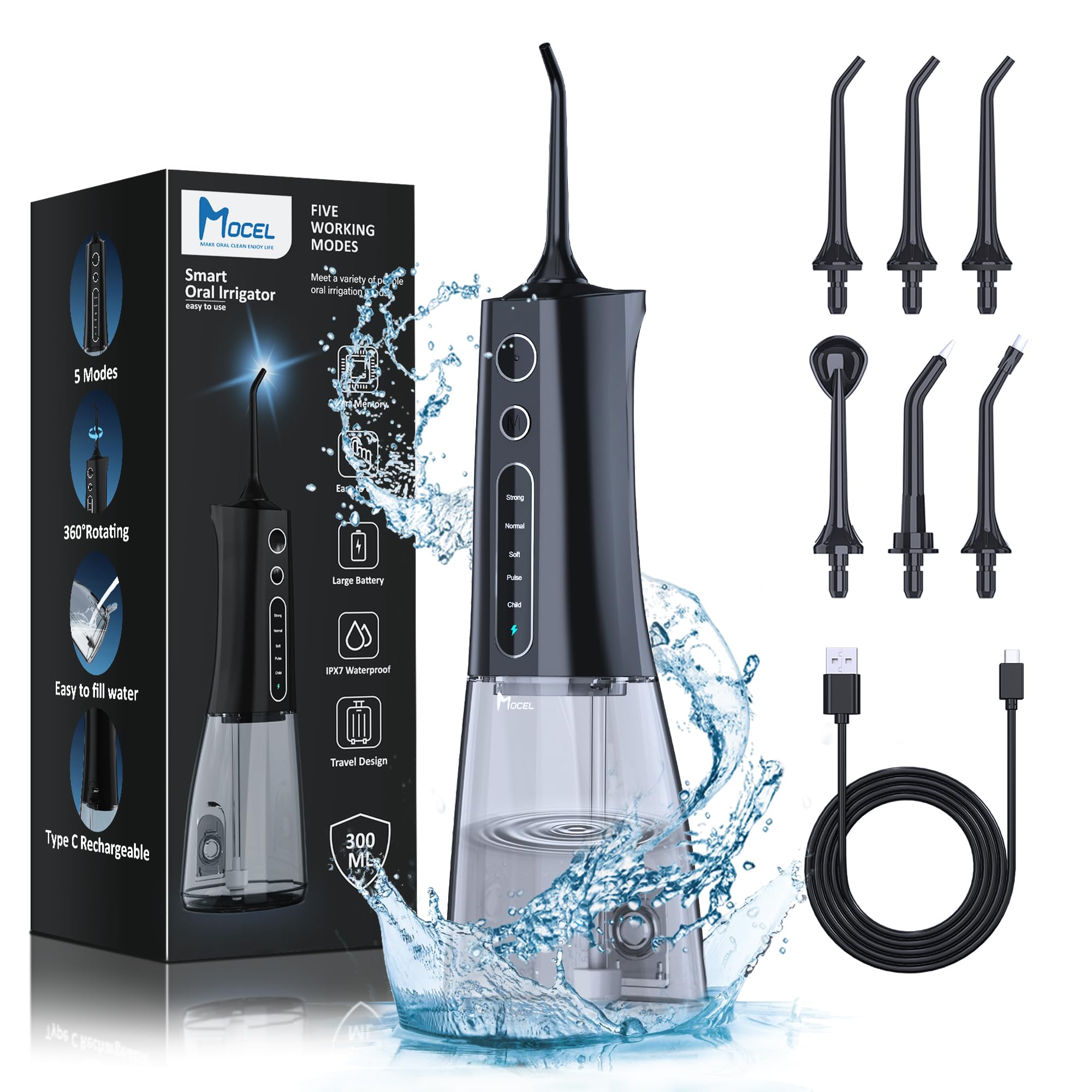 Photo 1 of **MISSING TIPS** MOCEL Water Dental Flosser OLED Display Cordless Teeth Cleaning MOCEL 5 Modes Oral Irrigator 300ML Portable and USB C Rechargeable IPX7 Waterproof Floss Teeth Pick (Black)