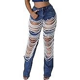 Vaceky Pearl Ripped Jeans Womens High Waist Stretchy Straight Leg Y2K Western Denim Pant