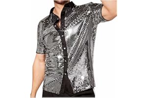 Men's Disco Shirt 70s Shirts Short Sleeve Button Down Vintage Sequin Disco Outfits Party Costume Tops