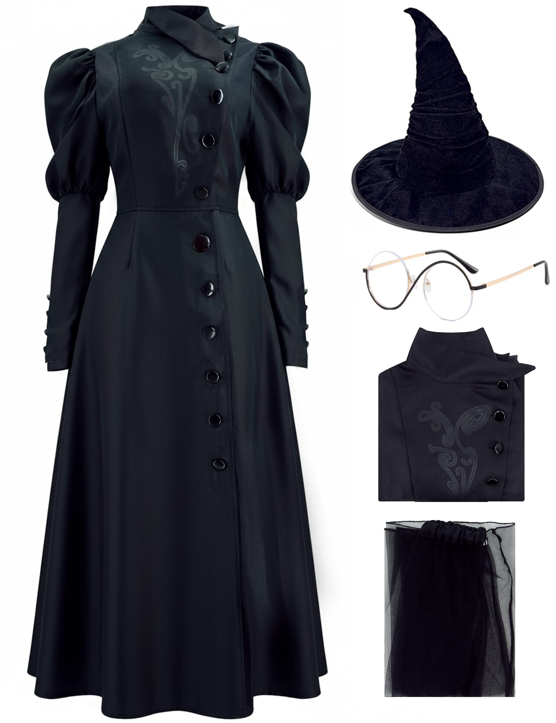 Photo 1 of Pmnoyal Elphaba Costume Women Adult West Bad Witch Cosplay Hat Glasses Wizard Cosplay Movie Halloween Black Deluxe Dress XL