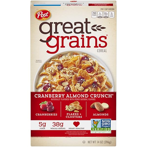 POST GREAT GRAINS CRANBERRY ALMOND CRUNCH WHOLE GRAIN, NON GMO VERIFIED, HEART HEALTHY CEREAL, 14 OUNCE BOX