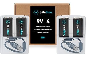 paleblue Rechargeable 9V Batteries (4-Pack) - 4500mWh Lithium Ion, 1000+ Cycles, Includes (2) 2-in-1 USB-A to USB-C Charging Cables, LED Charge Indicator, 3.4 Hour Charge Time