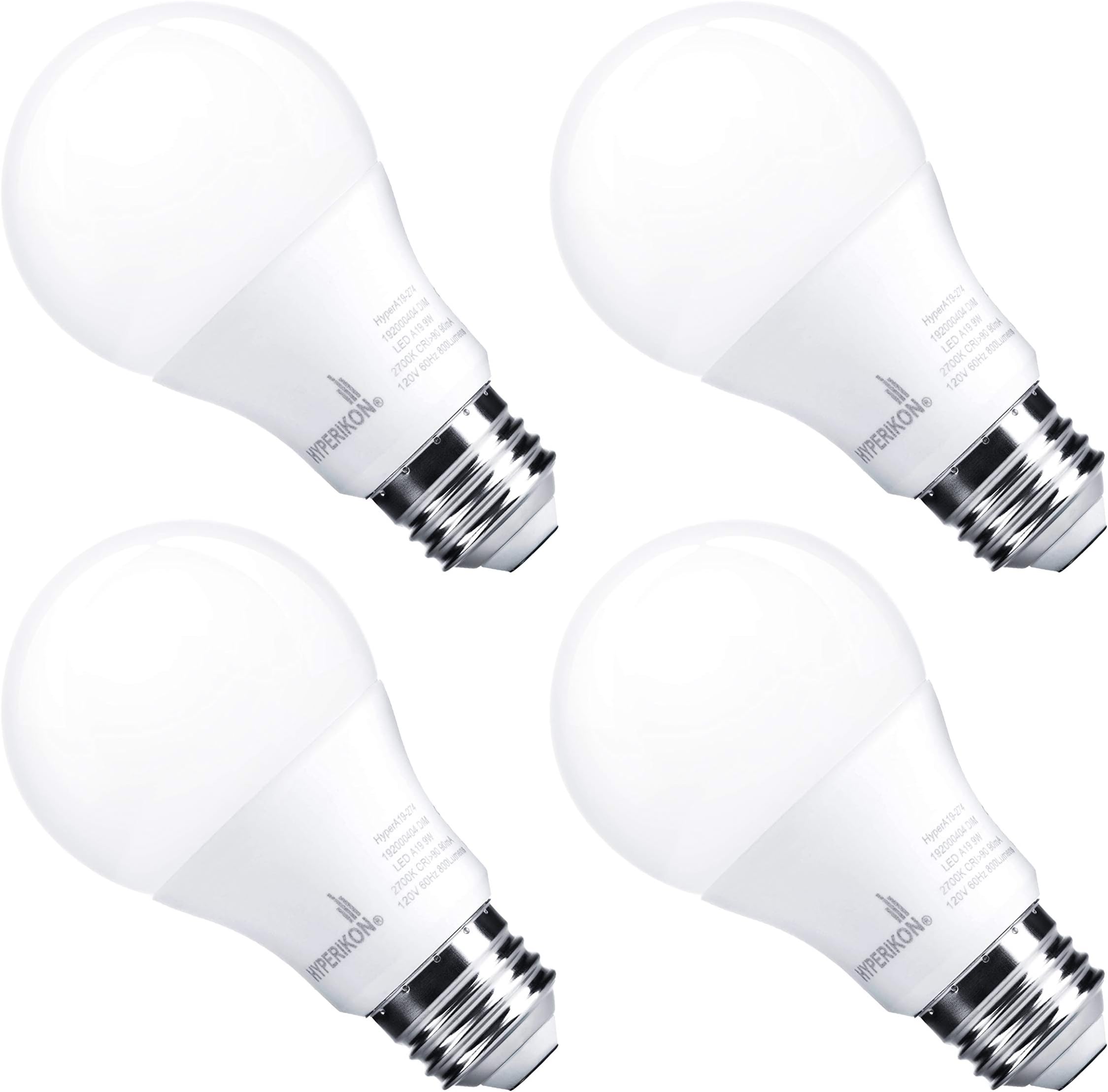 Hyperikon A19 Dimmable LED Light Bulb, 9W=60W, E26 Base, CRI90+, Energy Star, UL, Daylight White, 4 Pack