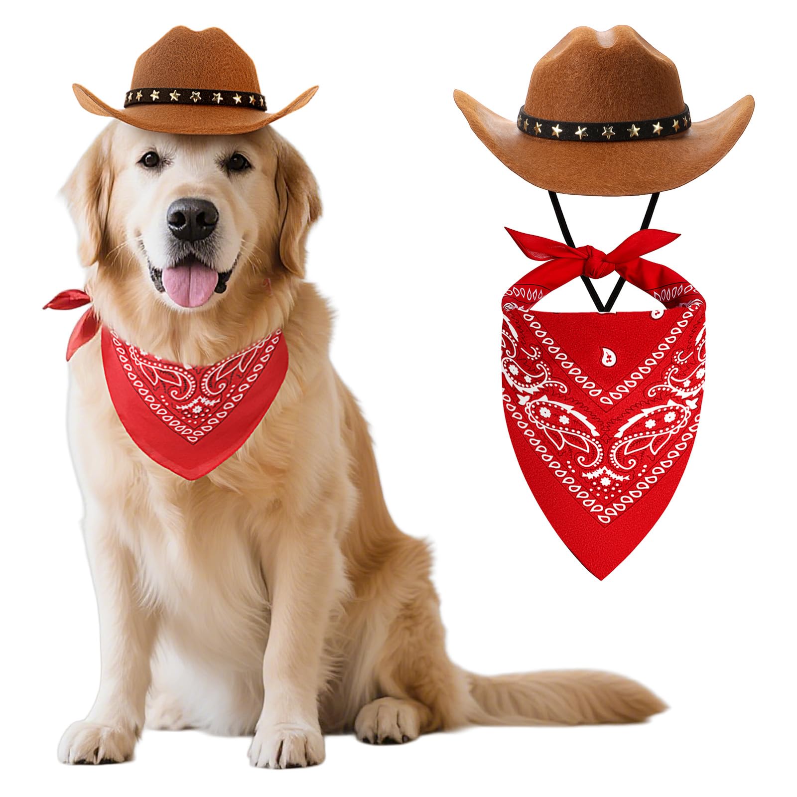 Photo 1 of Huhumy Pet Cowboy Halloween Costumes Dog Cat Brown Cowboy Hat Scarf Bandana Outfit for Small Pets Puppy Kitten Party Festival Wearing (L)