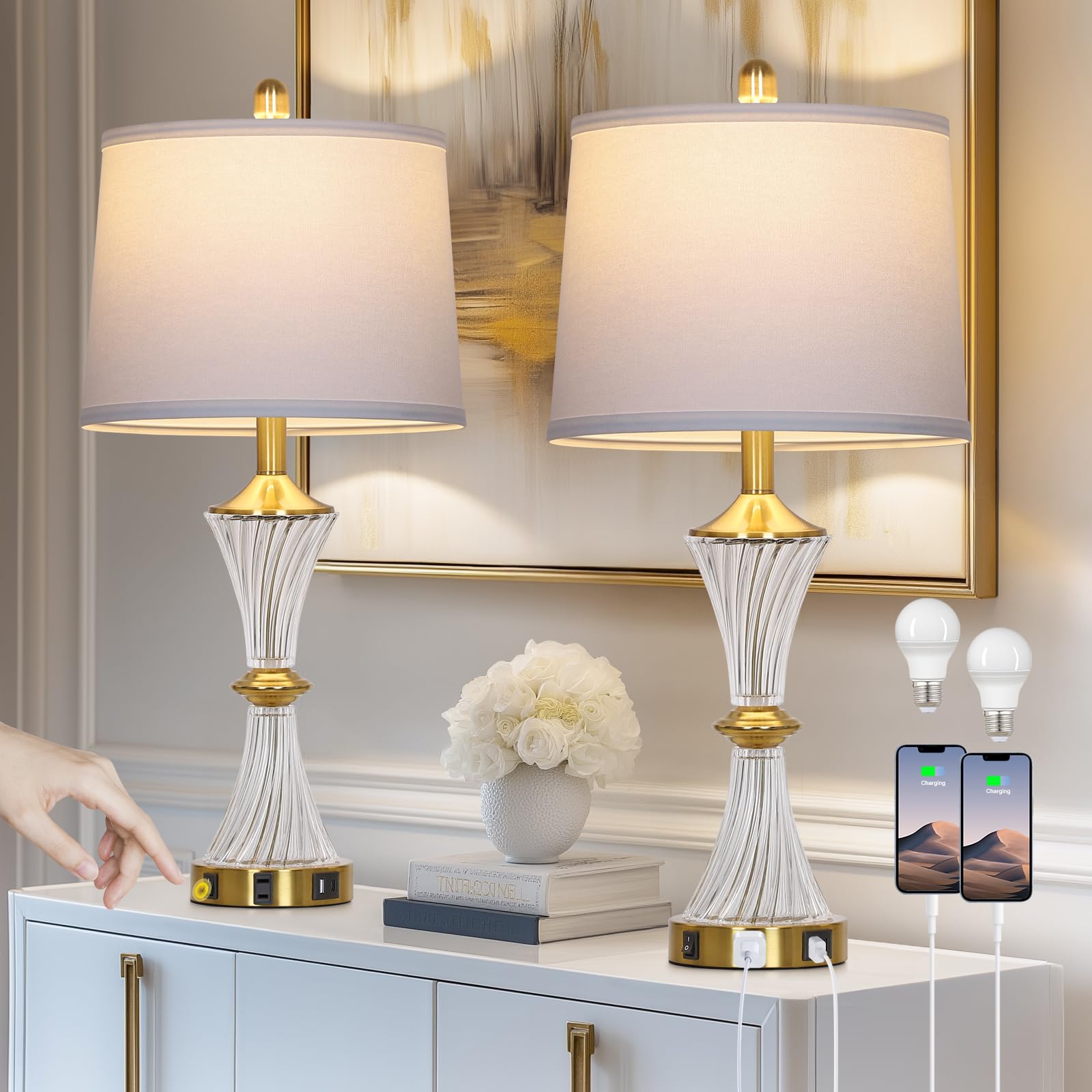 Photo 1 of Rinweey Crystal Glass Table Lamp Set of 2 with USB C+A Ports & AC Outlet, White Lamp, Modern Bedroom Lamps, Gold Lamp for Night Stands Bedroom Living Room,Nightstand Lamp LED Bulbs Included