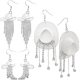 RechicGu 3 Pairs Western Cowgirl Cowboy Hat Earrings Set Silver Symmetric Boots Sparkly Rhinestone Tassels Drop Dangle Rural Culture Earrings Set For Women