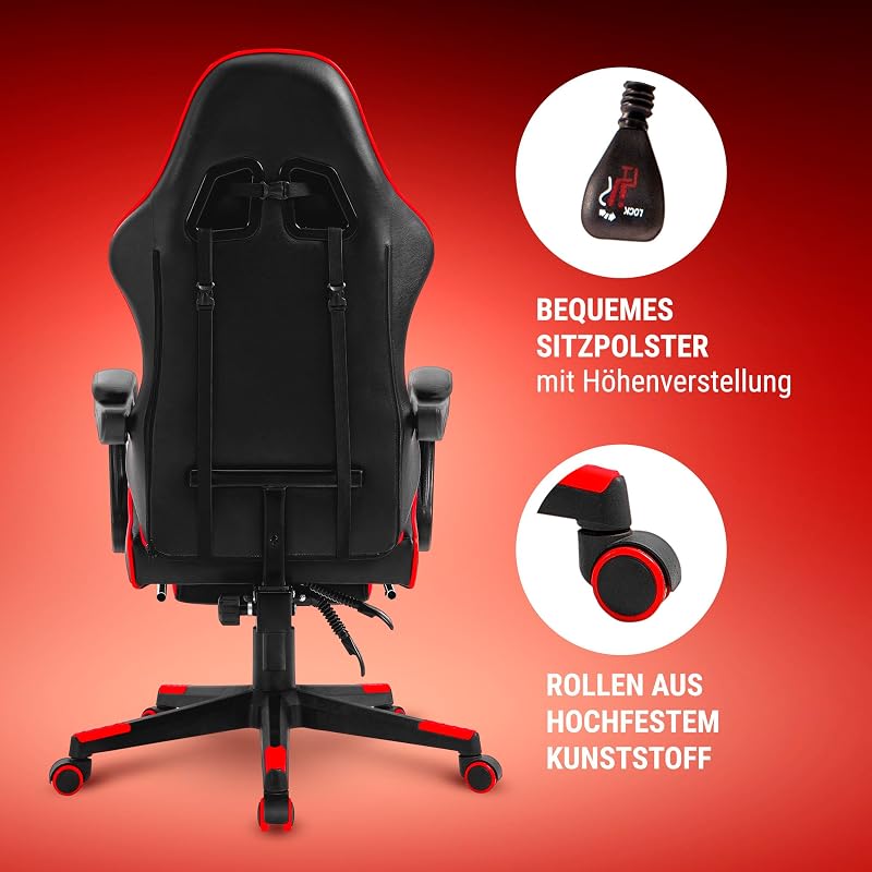 Rock Gaming Chair – Poltrona ergonómica com apoio para os pés – Pele sintética – encosto a 135° – Edição Comfort – Até 120 kg – Preto Vermelho