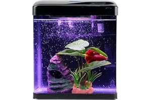 Betta Fish Tank Self Cleaning Glass 2 Gallon Small Nano Aquarium Starter Kits Desktop Room Decor w/LED Light Decorations & Wh