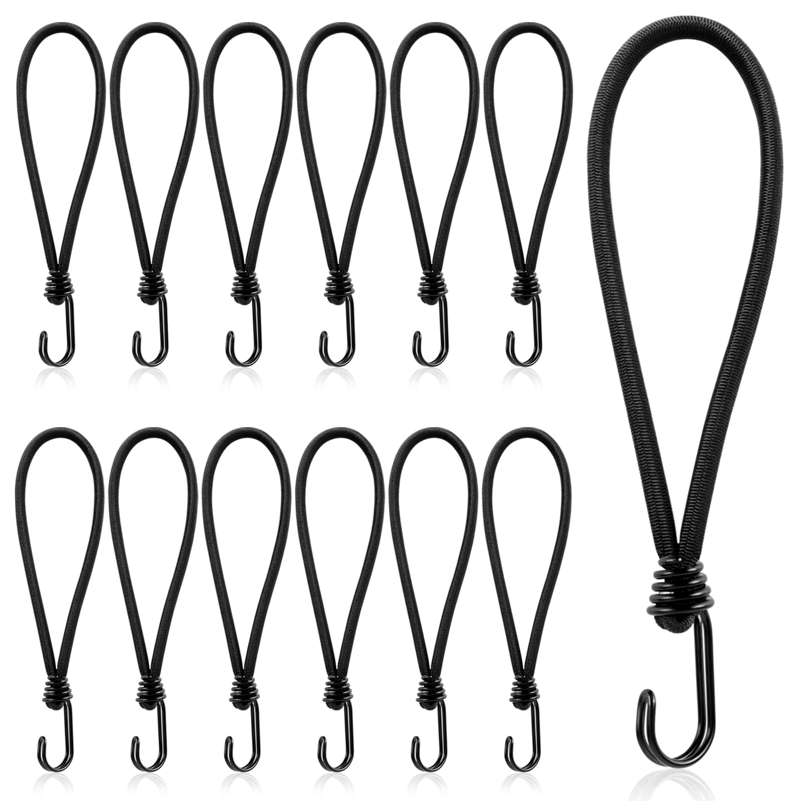 Bungee Cords With Hooks 8 Inch, 12 PCS Small Bungee Cords, Heavy Duty Bungee Straps, Elastic Straps With Hooks for Stationary, Transport, Banner, Posters(Black) — image 1
