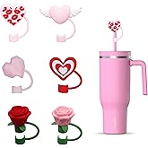 6 Pcs silicone straw covers with heart & rose design, reusable dust toppers for Stanley cups – Valentine straw toppers, Gift for Valentine.