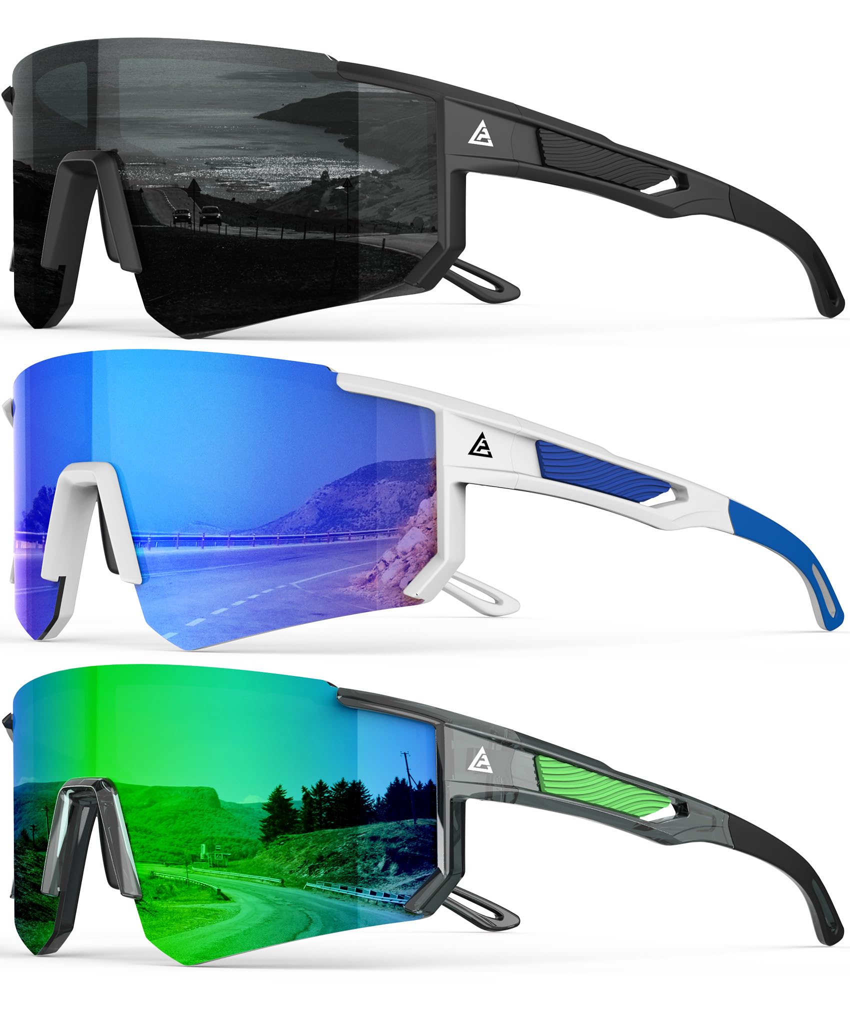 QALLY Polarized Sports Sunglasses for Men, UV400 Protection Mens Sunglasses Wrap Around Sun Glasses for Cycling Running