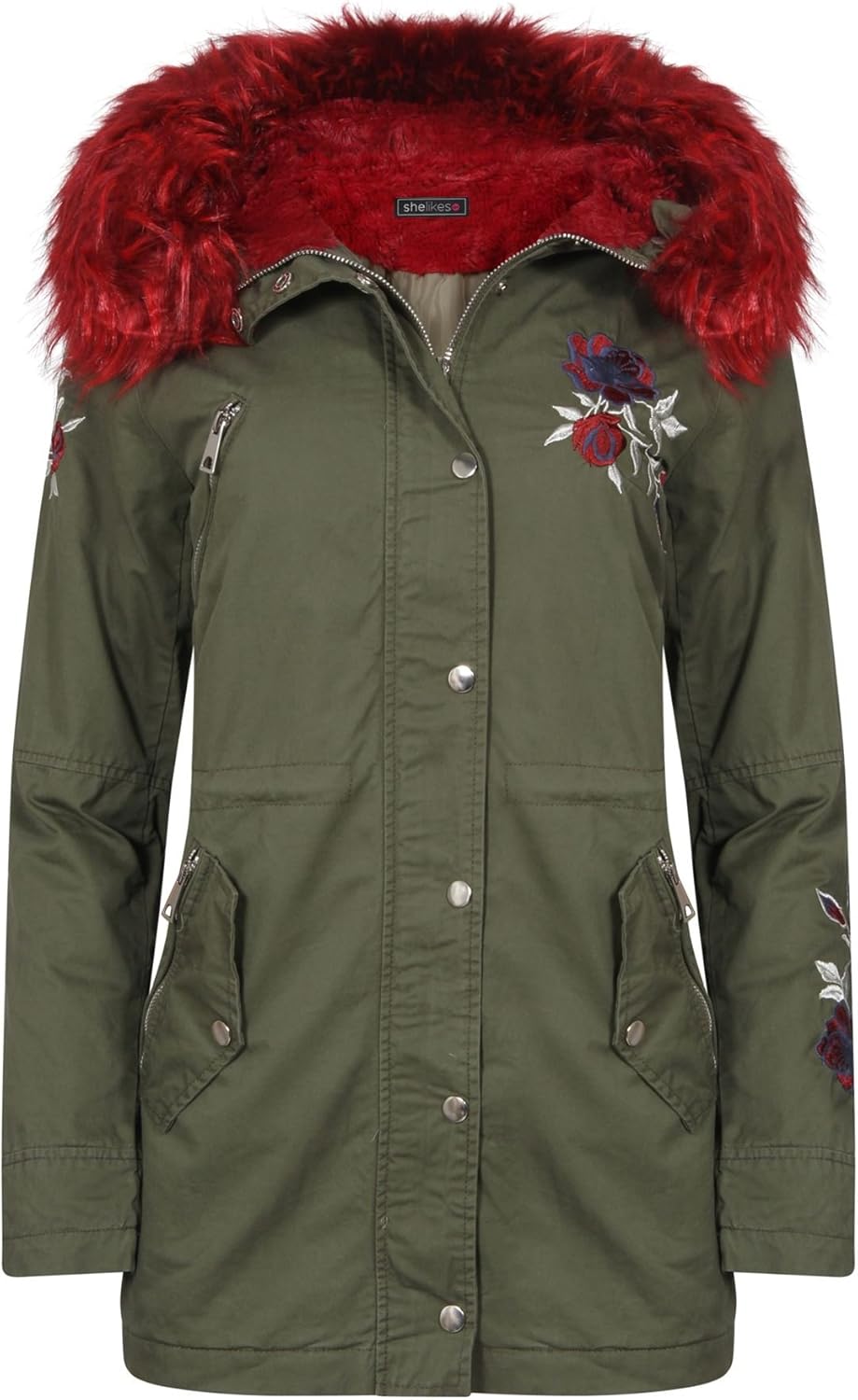 red faux fur hooded jacket