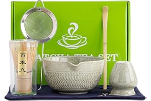 PEMUCEN Matcha Set, Matcha Whisk Set Includes Matcha Bowl with Spout, Matcha Whisk, Scoop, Sifter, Tea Towel, Chasen Holder - 6 Pcs Perfect Matcha Kit for Matcha Lover and Matcha Tea Ceremony (Mottled Green)