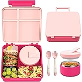 LOHASOK Bento Lunch Box with 8oz Soup Thermo, Leak-Proof Lunch Containers with 4 Compartment, Thermo Hot Food Jar and Insulated Lunch Box for School Pink