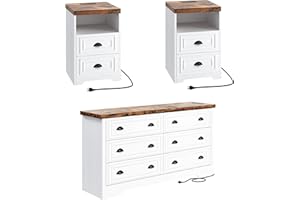 LIKIMIO Farmhouse Bedroom Set, Power Strip, 3 Pieces Bedroom Furniture Set, 6 Drawer Dresser and 2 Nightstands, Chest of Drawers Wide Storage Cabinet for Bedroom, White