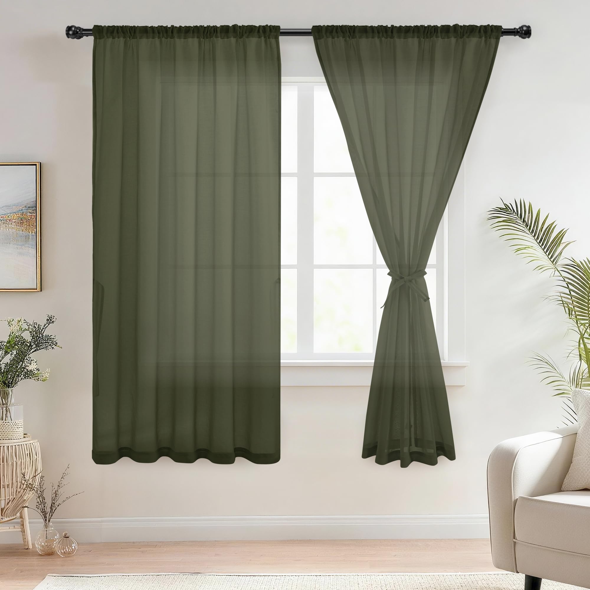 DWCN Net Curtains With Tie Backs Solid Semi Voile Curtain Super Soft Sheer Curtains Pencil Pleat Curtains 2 Panels, Olive Green, W52 x L63 Inch