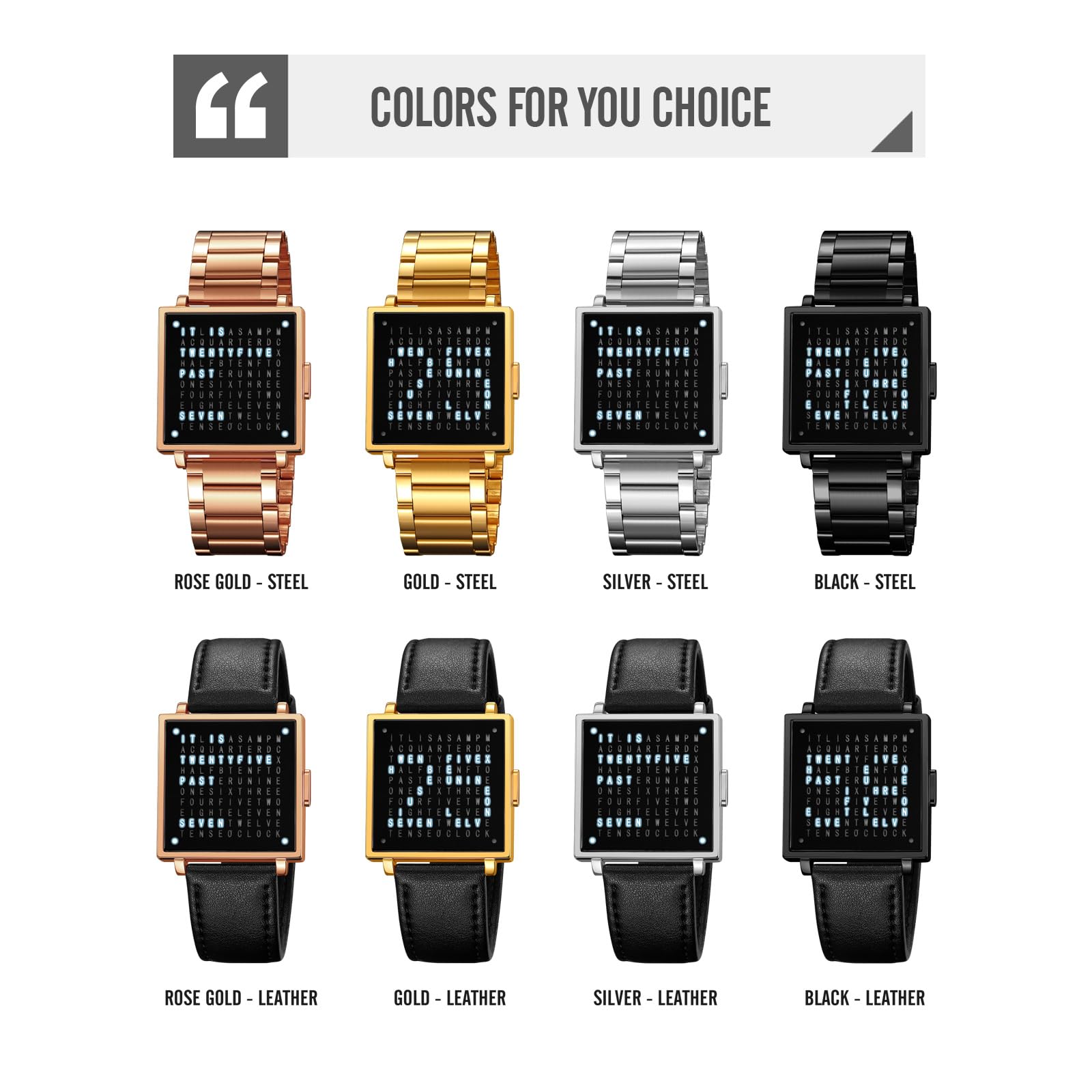 Gosasa Men’s Square Word-Matrix LED Watch Read Time in Words 30 m Waterproof Big Face Multifunctional Date Wristwatch Vintage Luxury Business Dress Timepiece Stainless Steel or Gold/Silver Toned