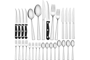 Silverware Set, CEKEE 24-Piece Stainless Steel Flatware Set with Steak Knives, Mirror Polished Cutlery Set, Kitchen Utensils 